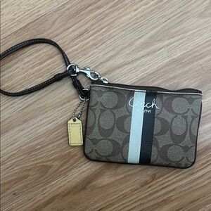 Coach Brown Wristlet with Black and White Stripe